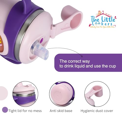 Image of THE LITTLE LOOKERS Stainless Steel Sipper Bottle 260ml | 316 Grade SS | BPA Free | Suitable for Hot & Cold |Travelling Bottle for Kids & Toddler|Training Sippy Cup with Straw /Spout (Purple)