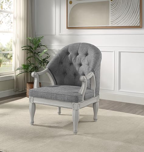 Chair, Gray Fabric Antique White Finish LV02121