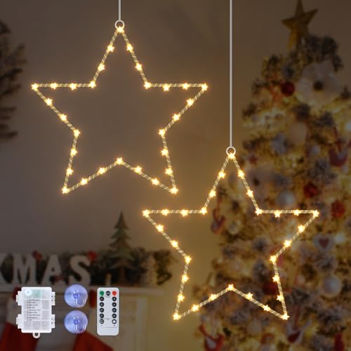 JVURICE Guirnalda de Luces Navideñas con Estrellas (Paquete de 2), 30 Luces LED para Ventana con Control Remoto (Brillo/Temporizador/8 Modos) y Ventosas, IP44 para Interiores/Exteriores, Ideales para