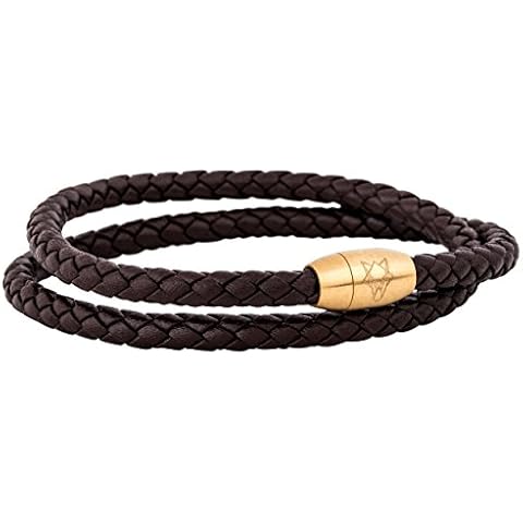 Akitsune Suprema Magnetic Leather Bracelet | Link Bangle Trinket Women Men Stainless Steel Double Wrapped Bracelet Gold - Brown 37cm Cover