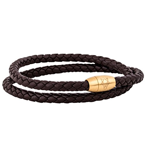 Akitsune Suprema Magnetisches Lederarmband | Armschmuck Damen Herren Edelstahl Doppelt Gewickelt Armband Gold - Braun 37cm Cover