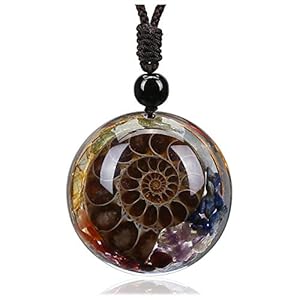 Jovivi 7 Chakra Gemstone Reki Healing Crystal Necklace Round Circle Shape Ammonite Fossil Chip Stones Resin Pendant Necklace for Women Men Jewelry Christmas Gifts