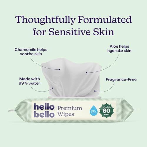 Hello Bello Premium Wipes, Designed for Sensitive Skin with Chamomile & Aloe Extracts, Simply Sage (12 Resealable Packets = 720 Total Wipes)
