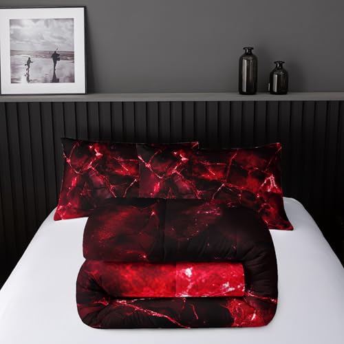 Image of Nttopship Red Comforter Set King Size,Red Marble Bedding Set 3 Pcs Bedding for Adults, Marble Room Decor with Comforter and 2 Pillowcases Soft and Lightweight B-Side Black