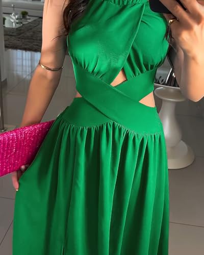 CHICME Women's Sleeveless Halter Neck Dress Criss Cross Tie Back Split High Maxi Dress2