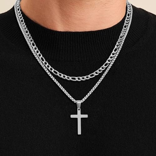 Fiusem 2 Pcs Cross Necklace Chain for Men and Women, Stainless Steel Layered Mens Cross Necklaces with Pendant, Figaro and Box Chain 16-24 Inch2
