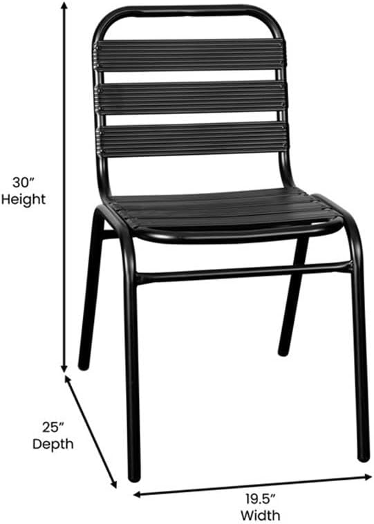 Pemberly Row Triple Slat Back Aluminum Stack Chair, Black Finish, 30 in H x 19.5 in W x 25 in D, Lightweight Metal Frame, Armless Design, Indoor Outdoor Restaurant or Patio Seating, Holds Up to 352