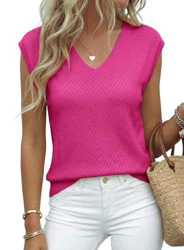 Image of Dokotoo Sweaters for Women 2026 Summer Eyelet Cap Sleeve Knitted Vest V Neck Business Casual Loose Pullover Tank Tops