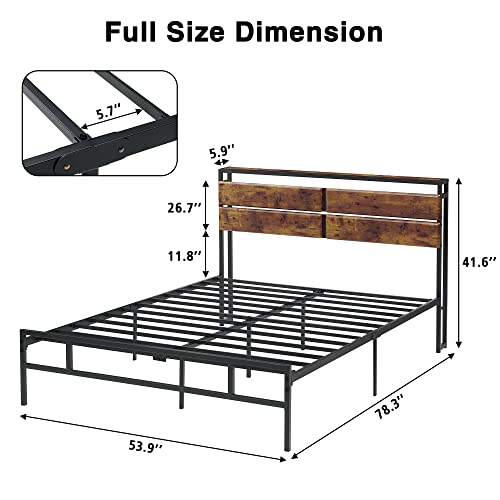 Alkmaar 15.6In Metal Full Size Platform Bed Frame With Storage Bedside, Rustic Vintage Wood Headboard, Mattress Foundation, Strong Metal Slats Support, No Box Spring Needed #TOP1