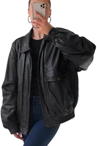 ZAPRIS Women’s Fashion 90s Leather Jacket Ladies Oversized Bomber Jacke| 90’s Retro Vintage Leather Jacket (US, Alpha, Medium, Regular, Regular, Black)