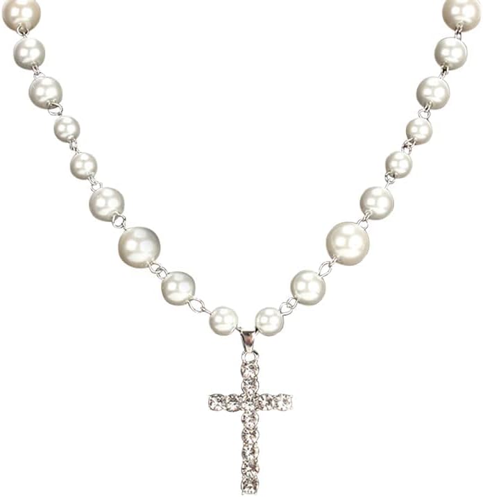 Linsennia Pearl Cross Necklace for Women Y2k Goth Jewelry Aesthetic Crystal Pendant Necklaces for Men Vintage Alt