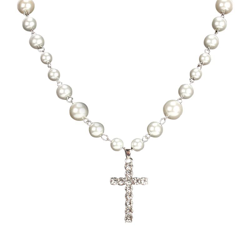 Linsennia Pearl Cross Necklace for Women Y2k Goth Jewelry Aesthetic Crystal Pendant Necklaces for Men Vintage Alt