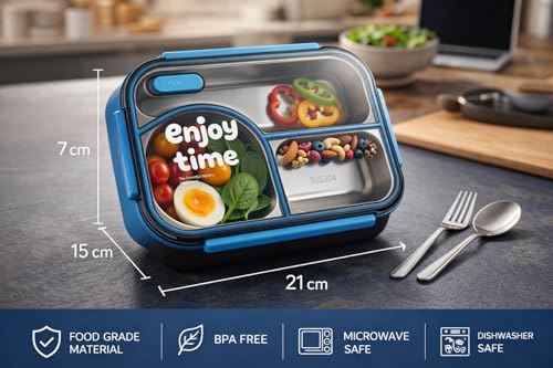 Image of Premium Stainless Steel Bento Lunch Box | Leakproof 3 Compartment Tiffin Container with Secure Lock Lid | BPA-Free Food Storage Box for School, Office & Travel (with Spoon Fork Set)