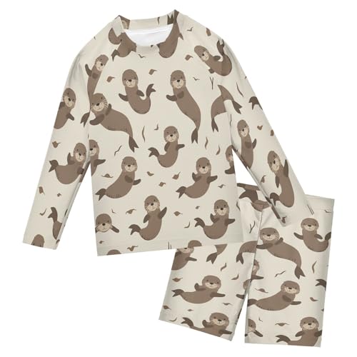 Otter Dancing Boys Swimsuit Rash Guard Toddler Kids Long Sleeve Swim Shirt and Trunks Swimwear Set 3-10Y