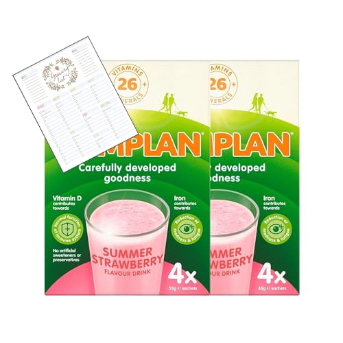 Nutritional Drink Sachets Bundle which Contains Complan Strawberry Shake Sachets 4 x 55g - Pack of 2 with Grocery List Card