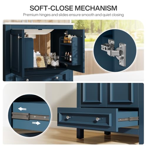 Image of Tribesigns 30 inch Bathroom Vanity with Sink, Freestanding Bathroom Vanities Cabinet with Ceramic Basin Combo, Bathroom Sink Cabinet with 2 Doors and 1 Drawer, Solid Wooden Frame (Misty Blue, 30 INCH)