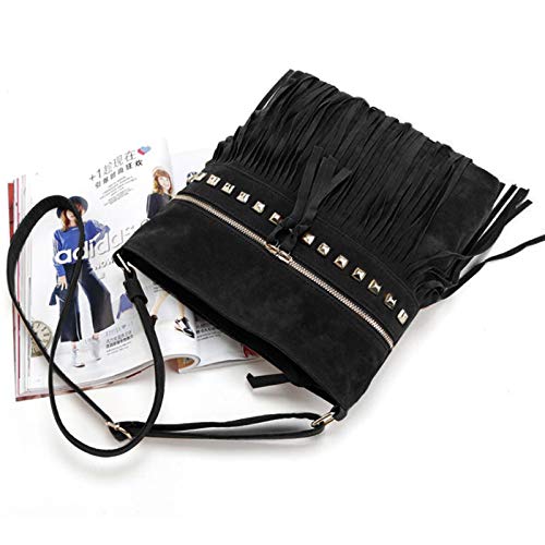Image of Hoce Women's Leather Fringe Messenger Bag Large Hobo Crossbody Tassel Shoulder Bags, Gift for Mom Wife Girlfriend