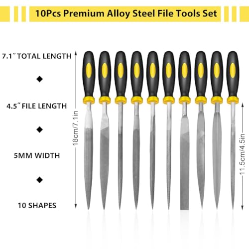 Image of 10Pcs File Tools Set, Premium Hardened Drop Forged Alloy Steel File Tools | Carbon Steel File Tool Set | arbon Steel File Kit with Handle for Metal, Wood, Glass, Plastic, Leather, Jewelry