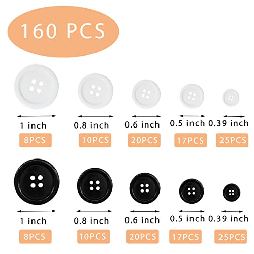 image for ZTEOFO 160 Pcs Mixed Sewing Buttons, Black Buttons for Crafts, 4-Hole 