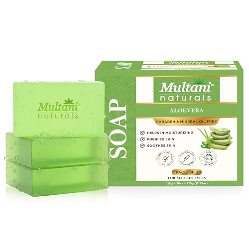 Image of Multani Natural Aloe Vera Soap For Bath (125 Gm - Pack Of 3) | Helps In Reducing Acne | For Deep Hydration & Glow | For Pigmentatio & Sun Damage | Helps Rejuvenate Dull & Tired Skin | Paraben Free | Clinically Tested | For All Skin Types | Soap Bar For Men & Women