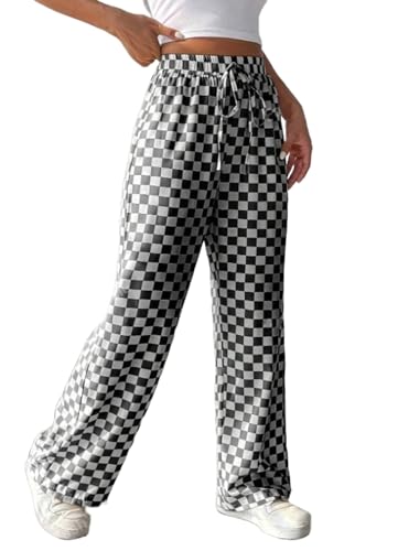 Women's Casual Checkered Pants Drawstring Elastic Waist Comfy Loose Straight Wide Leg Plaid Pants with Pockets