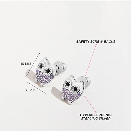 925 Sterling Silver Girls Purple Owl Themed Cubic Zirconia Earrings with Safety Screw Back, Best for Animal Lover Kids-Toddlers and Pre Teens. Go with any Outfits4