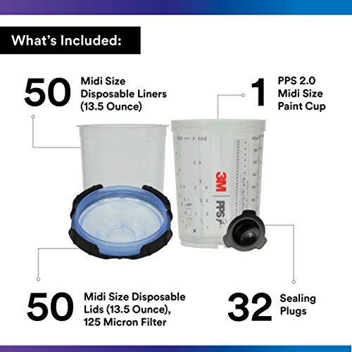Image of 3M PPS 2.0 Spray Gun Cup, Lids and Liners Kit, 26312, Midi, 13.5 Ounces, 125-Micron Filter, Use for Cars, Furniture, House and More, 1 Paint Cup, 50 Disposable Lids and Liners, 32 Sealing Plugs
