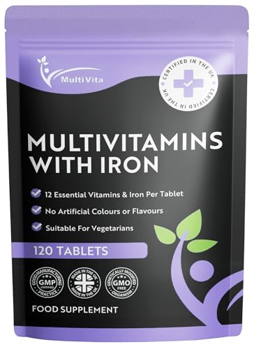 Multivita Multivitamins with Iron 12 Essential Vitamins & Iron Immune Energy & Skin Support 1-a-Day for Men & Women 120 Tablets 4 Month Supply Vegetarian Made in UK