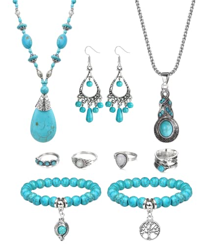 Diamday 9 Pièces Bijoux Bohème Turquoise pour Femmes Turquoise Colliers Longs avec Pendentifs Vintage Turquoise Boucles d'Oreilles Bracelet Perles Avec Bague Boho Parure Bijoux A