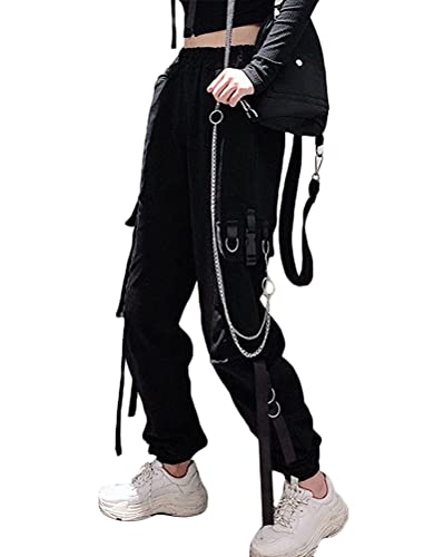ORANDESIGNE Pantalones Harajuku de Hip Hop para Mujer Pantalones Cargo de otoño Pantalones Holgados con múltiples Bolsillos de Cintura elástica D Negro L Cover