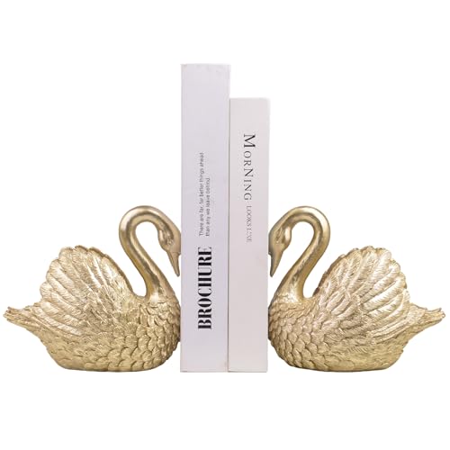 Kakizzy Swan Decorative Bookends Resin Book Ends for Shelves Unique Gold Book Holders Heavy Duty Swan Decor for Home Office Desk Bookshelf Set of 2 Gifts for Anniversary