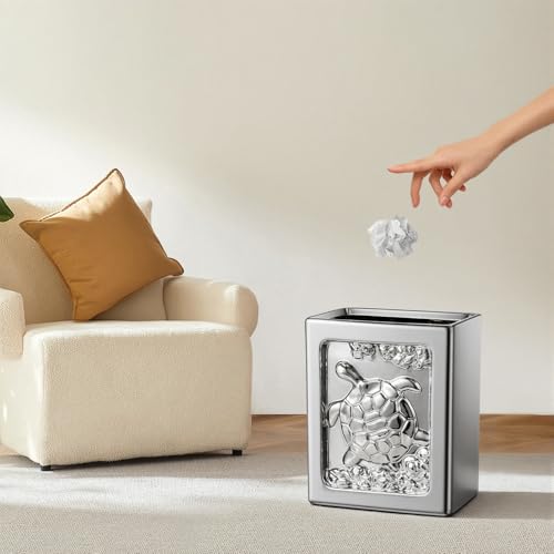 Image of Ceramic Trash Can - Square Garbage Can with Turtle Relief, Trash Bin for Bathroom, Bedroom, Kitchen, Office, 1.85 Gallon Small Waste Basket (Silver)