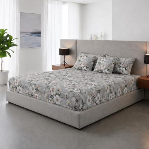 Image of 400TC Cotton Feel Glace Cotton Double Bed Fitted Bedsheet Set || Includes 1 Elastic Bedsheet King Size Cotton & 2 Pillow Covers (78 x 72 Inches, GreyMangla)