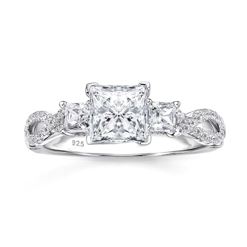 SHELOVES Vintage Three Stone Princess Cut AAAAA CZ Wedding Engagement Rings For Women 925 Sterling Silver 9