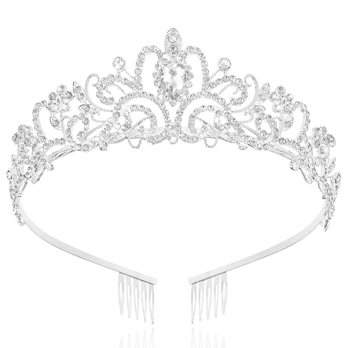 TAROSE Silver Crowns for Women, Queen Crystal Tiaras with Clear Rhinestone and Combs, Goddess Crown for Wedding Bride Birthday Princess Bridal Hair Accessories for Women