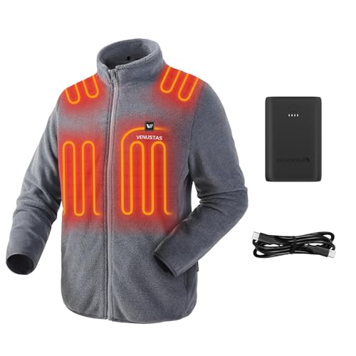 Venustas Men's Fleece Heated Jacket (Grey，L) and an Extra 7200mAh Battery Pack