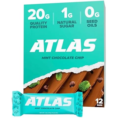 Atlas Protein Bar, 20g Protein, 1g Sugar, Clean Ingredients, Gluten Free (Mint Chocolate Chip, 12 Count (Pack of 1)) Cover