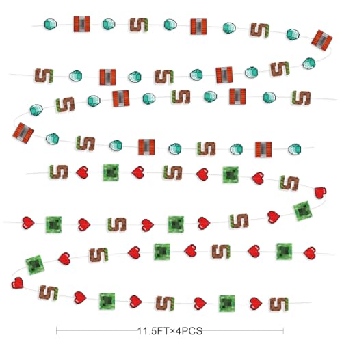 Image of 46Ft Pixel 5th Birthday Party Decorations Green Brown Miner Themed Garland Streamer for Boys 5th Mining Craft Birthday Pixel Miner Gamer Cartoon Mining Party Decor Supplies
