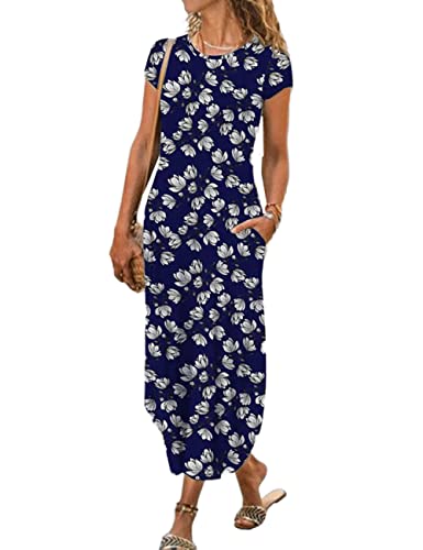 Image of Women Summer Casual Maxi Dress Floral Printed Loose Pockets Short Sleeve Split Boho Dresses
