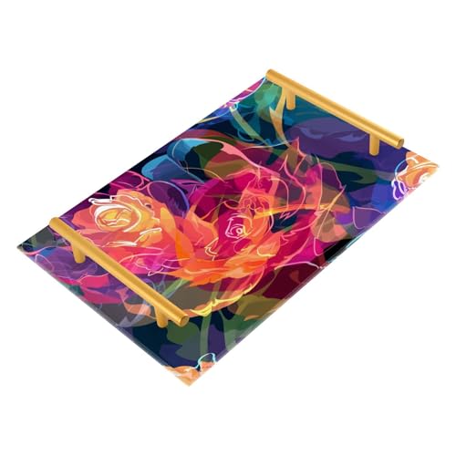 Ilustraciones de arte abstracto con flores, bandeja decorativa roja con asas, bandeja rectangular para servir joyas, perfumes para granja, servir charola para comida