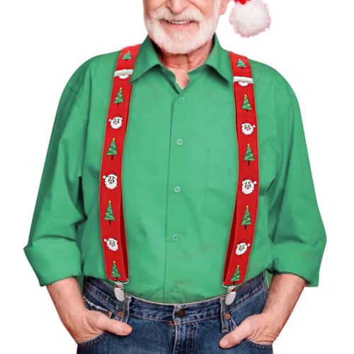 BODIY Red Stanta Suspenders for Men Christmas Tree Suspenders Funny Wide Elstic Y Back with Metal Clips Adjustable Suspender (Red-santa)