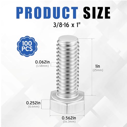 Image of Zonon 100 Pcs 3 /8-16 x 1 Hex Head Screw Bolt 18-8 (304) Stainless Steel Hexagon Bolts, Fully Threaded, Plain Finish, External Hex Drive (Silver)
