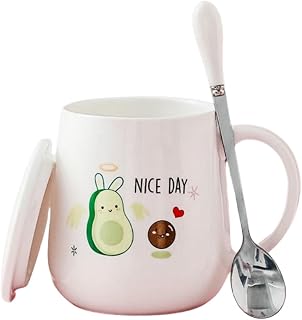 HUMOCHUSON Aislante Bebidas Taza De Cerámica Blanca De 400 Ml Con Aguacate, Tapa Y Cuchara - Angelito