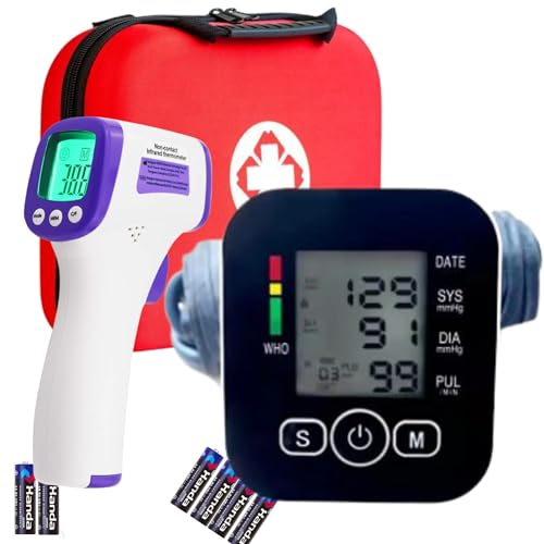 Kit Santé à Domicile :Tensiomètre Bras, Thermomètre Frontal Sans Contact, Moniteur de Pression Artérielle et Hypertension, Thermomètre Infrarouge pour Fièvre -Mallette de Rangement et Piles Incluses