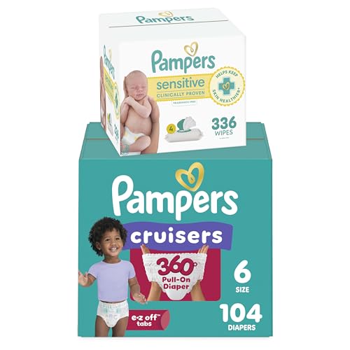 Image of Pampers Pull On Cruisers 360° Fit Disposable Baby Diapers Size 6, 104 Count with Sensitive Water Based Baby Wipes 4X Pop-Top Packs (336 Count)