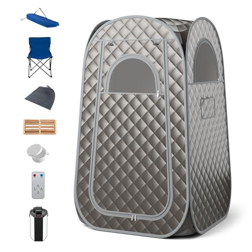 RELAX4LIFE Portable Steam Sauna, Personal Full Body Spa Sauna Tent with 3L Steam Generator, Remote Control, Foot Massager & Foldable Chair, Slimming Detox Therapy Pop-up Home Sauna Cabin (Grey)
