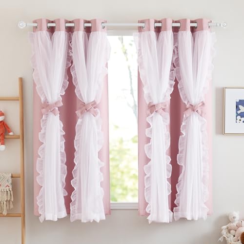 Image of PONY DANCE Coquette Style Curtains for Girls'Bedroom Decorative Drapes for Kids Double Layer Curtain Ruffle Sheer Overlay Room Darkening Pretty Chic Princess, 52x63 inch, Blush Pink, 2 PCs