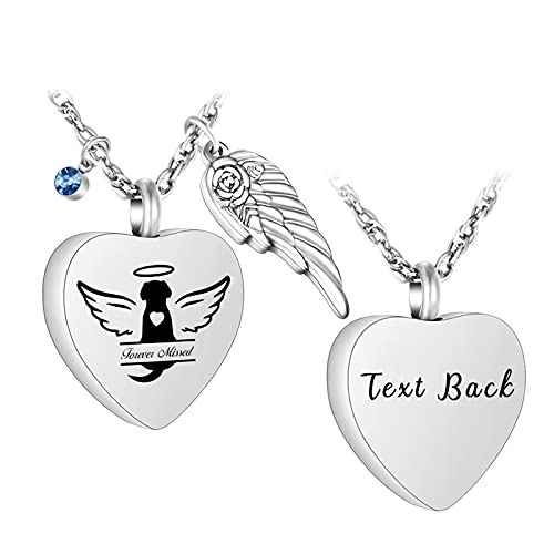 Personalized Heart Urn Necklace for Pet with 12 Birthstones Angel Wing Cremation Jewelry Stainless Steel Cremation Necklace Ash Holder for Dog