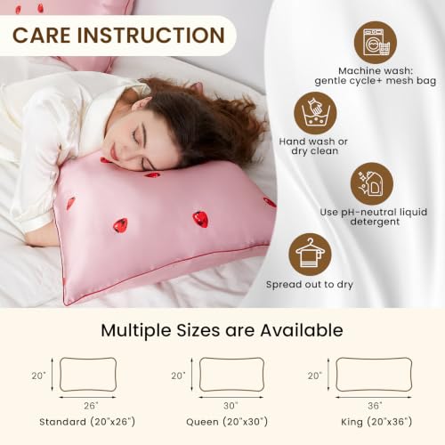 Image of THXSILK Set of 2 Pink Strawberry Heart Pattern Mulberry Silk Pillowcase for Hair and Skin, King Size 20 inchx36 inch