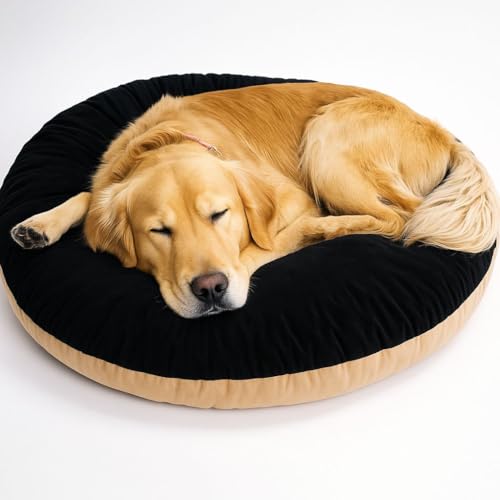 Image of The Pets Company Calming Dog & Cat Bed | Soft Fluffy Donut Reversible, Washable Pet Bed for Puppies | Cozy Plush Anti-Anxiety Cushion |, (L-34 Inch x B-34 Inch x H-5.5 Inch), Black & Beige-Large